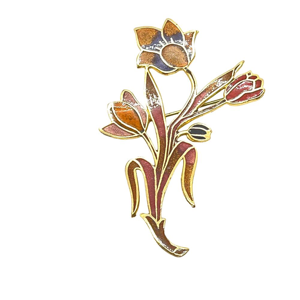 Tulip Brooch Pin Floral Enamel Gold Tone Womens Vintage Delicate Statement Retro